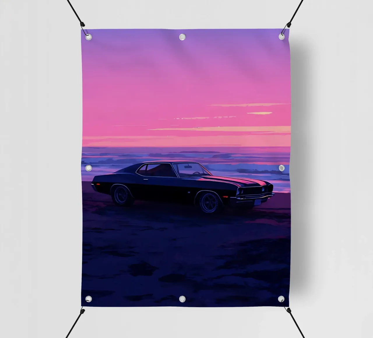 Un'auto retrò sulla spiaggia di sera Lofi Art telo in pvc da LoFi Gallery