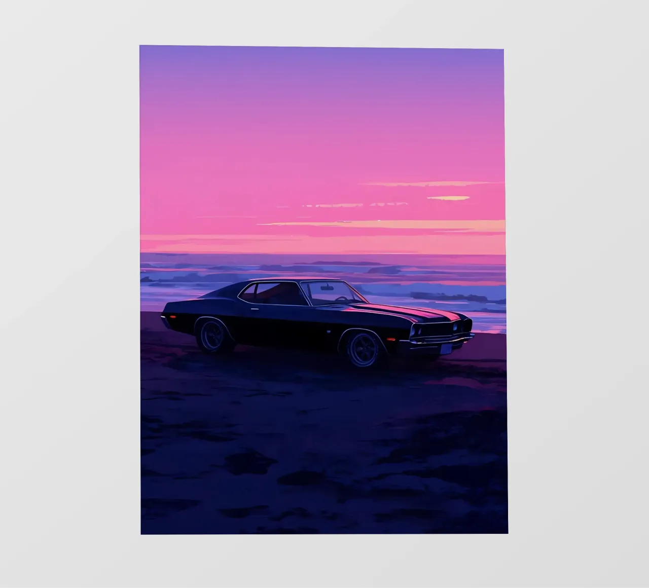Un'auto retrò sulla spiaggia di sera Lofi Art telo in pvc da LoFi Gallery