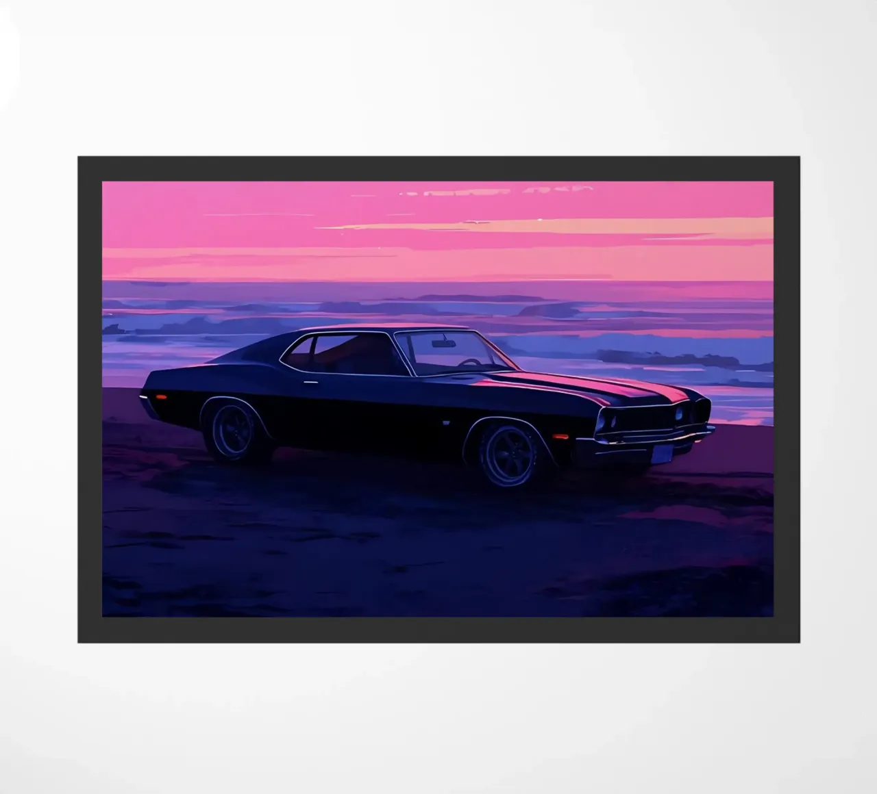 Un'auto retrò sulla spiaggia di sera Lofi Art zerbino da LoFi Gallery