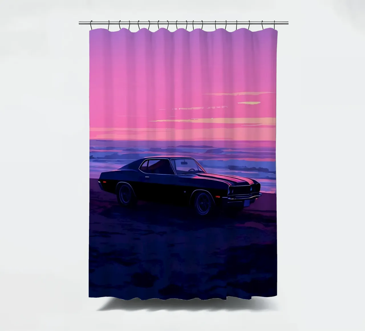 Un'auto retrò sulla spiaggia di sera Lofi Art tenda da doccia da LoFi Gallery