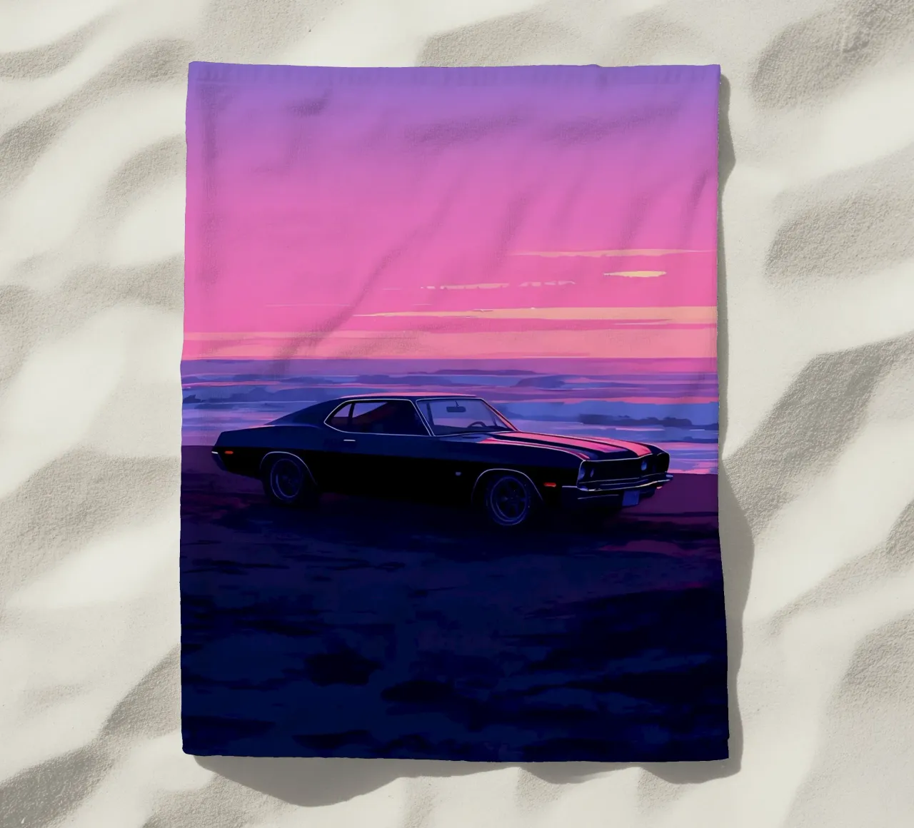 Un'auto retrò sulla spiaggia di sera Lofi Art telo mare da LoFi Gallery