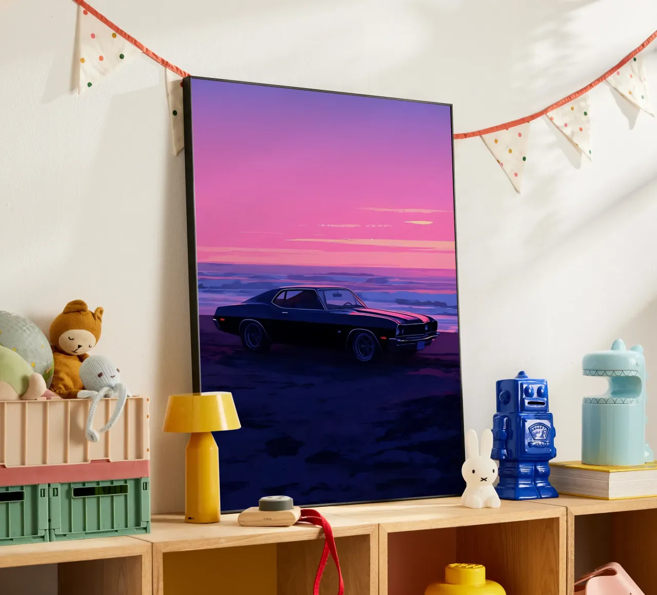 Un'auto retrò sulla spiaggia di sera Lofi Art alluminio dibond da LoFi Gallery