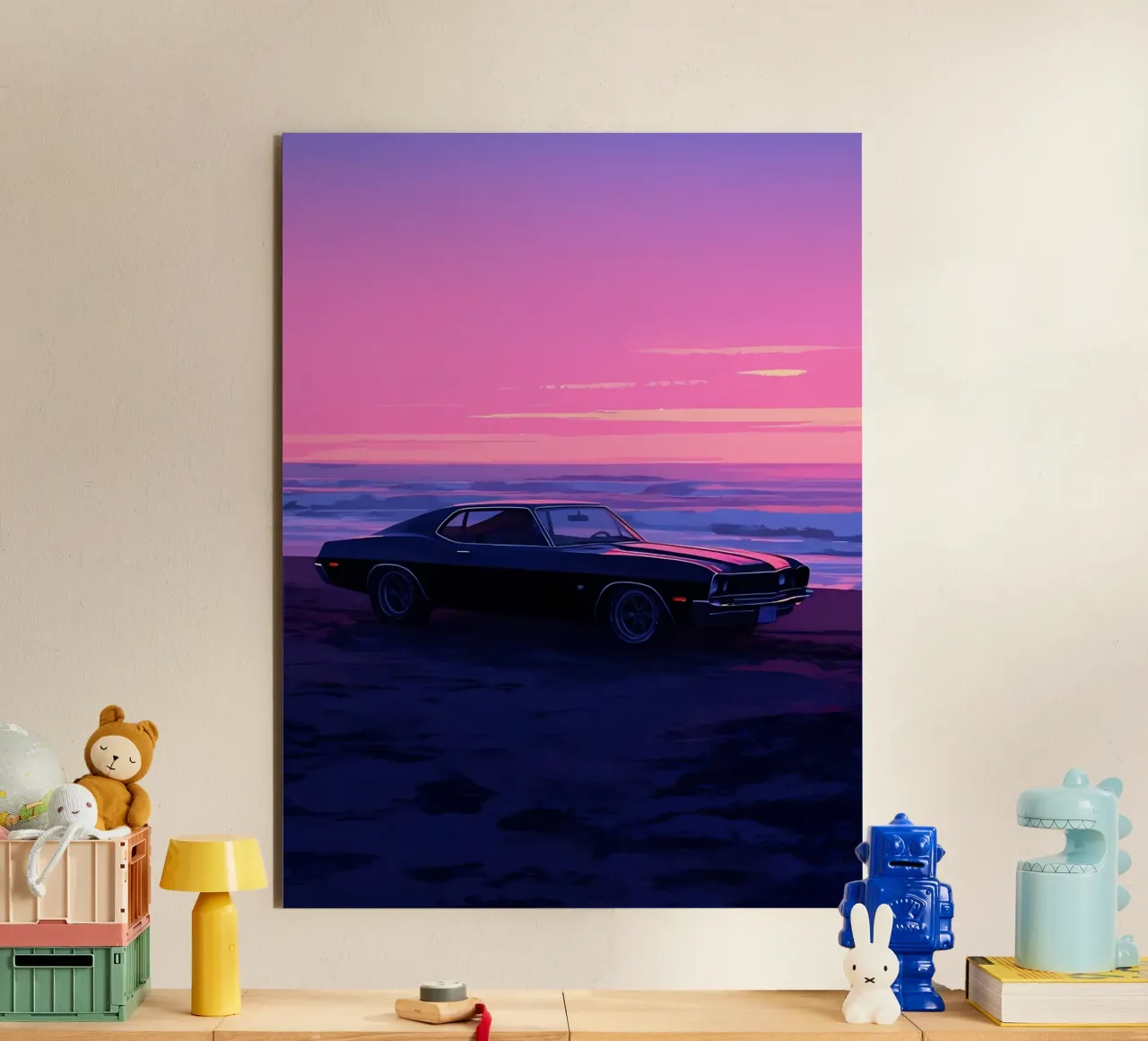 Un'auto retrò sulla spiaggia di sera Lofi Art alluminio dibond da LoFi Gallery