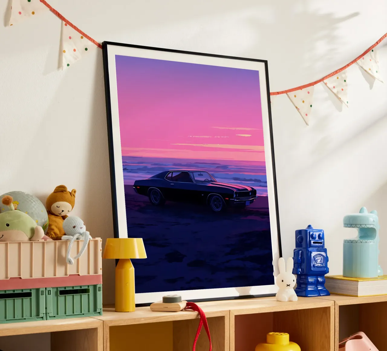 Une voiture rétro à la plage du soir Lofi Art poster de LoFi Gallery