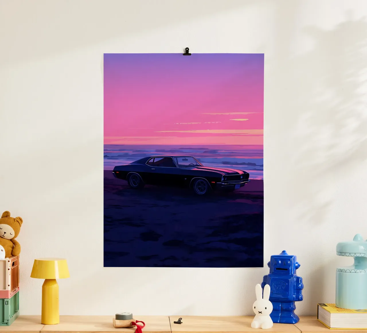 Une voiture rétro à la plage du soir Lofi Art poster de LoFi Gallery