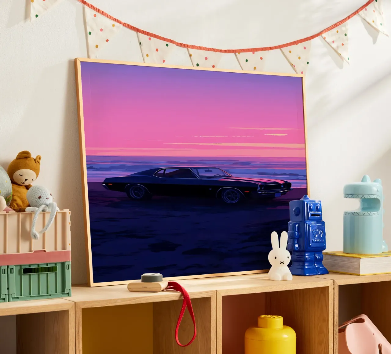 Un'auto retrò sulla spiaggia di sera Lofi Art carta hahnemühle da LoFi Gallery