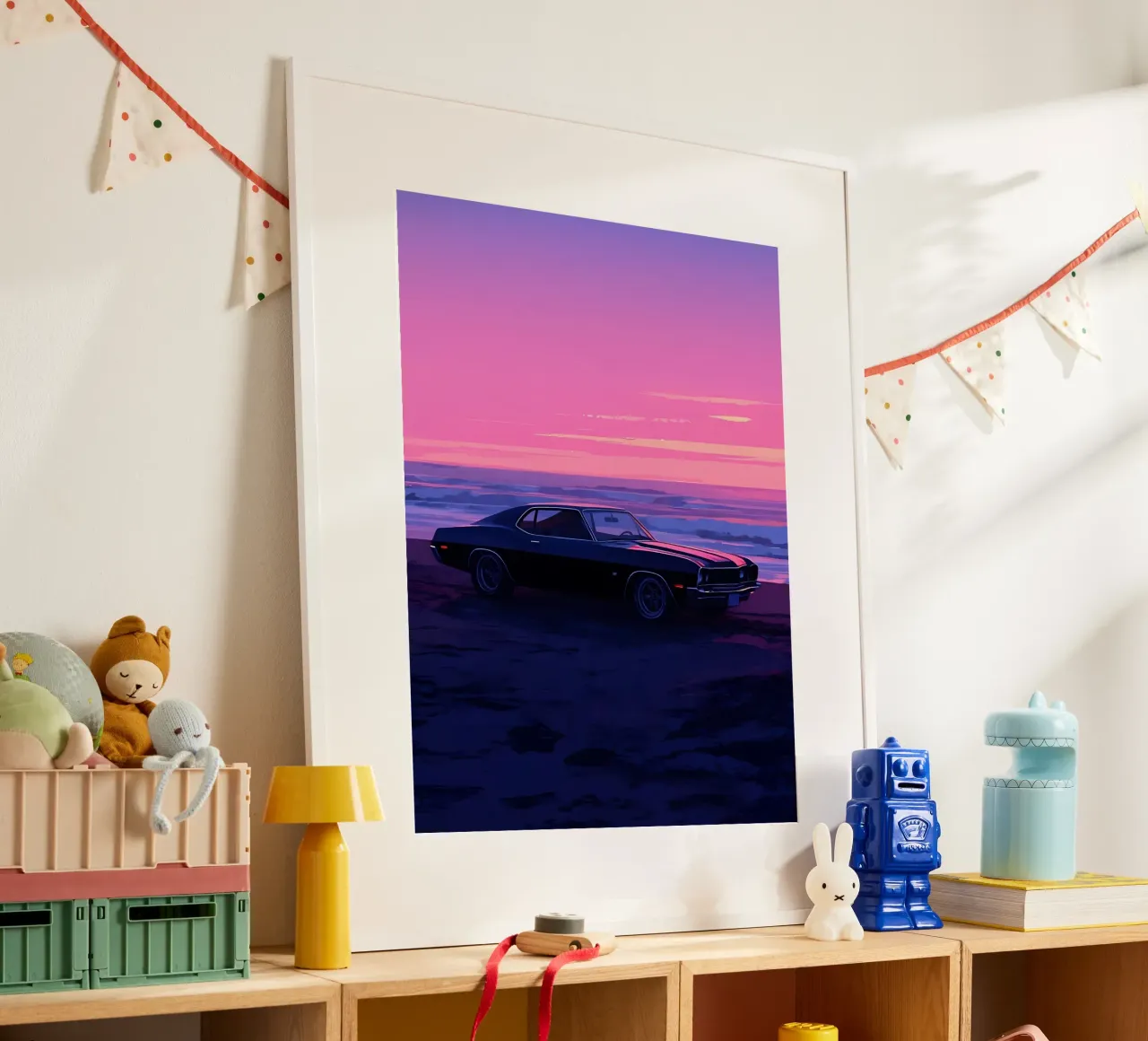 Une voiture rétro à la plage du soir Lofi Art poster de LoFi Gallery