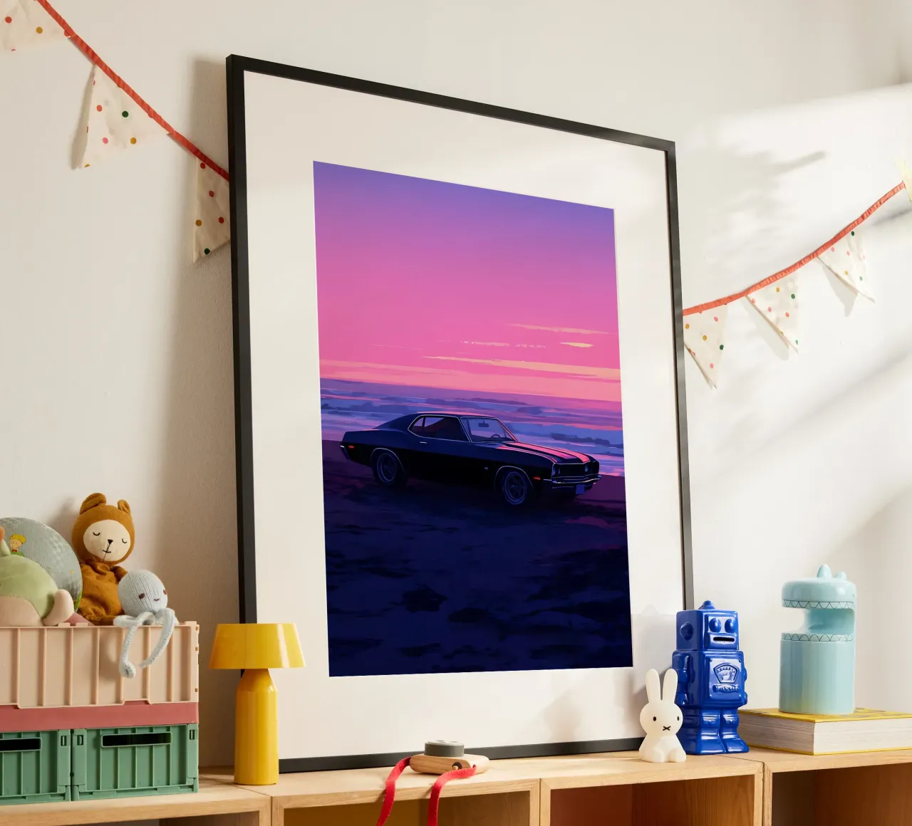 Un'auto retrò sulla spiaggia di sera Lofi Art carta hahnemühle da LoFi Gallery