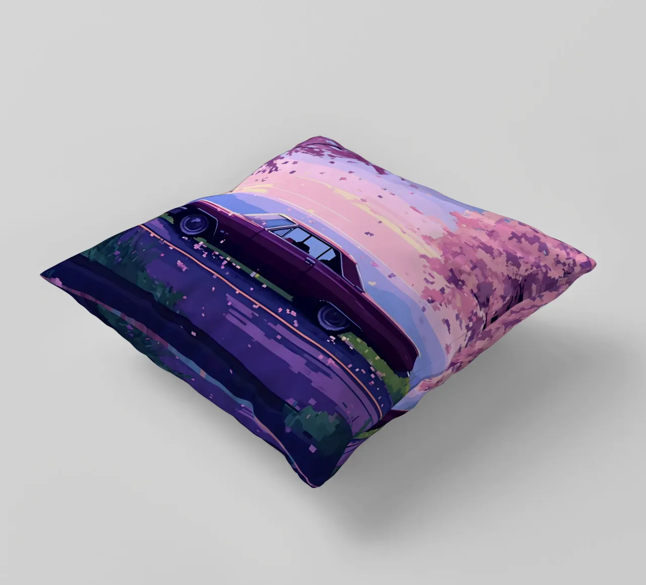Un'auto retrò con fiori di ciliegio Lofi Art cuscino da LoFi Gallery