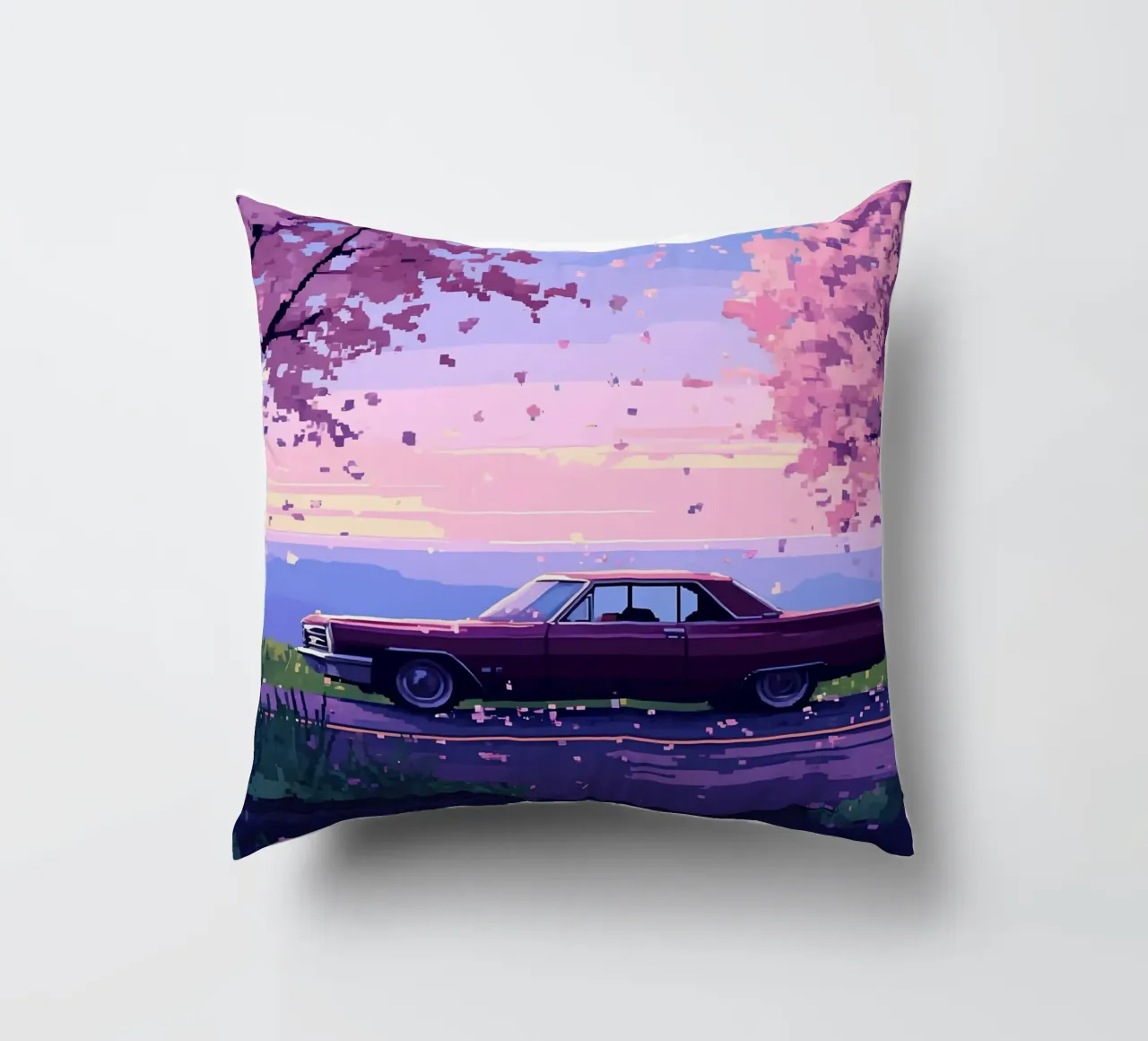 Un'auto retrò con fiori di ciliegio Lofi Art cuscino da LoFi Gallery