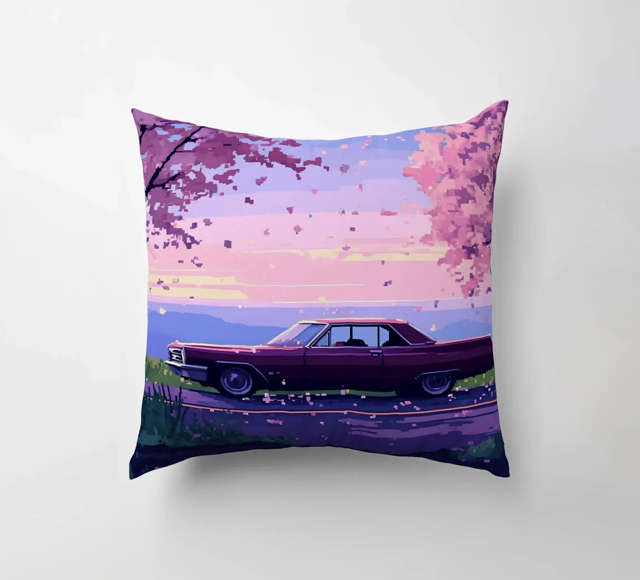 Un'auto retrò con fiori di ciliegio Lofi Art cuscino da LoFi Gallery