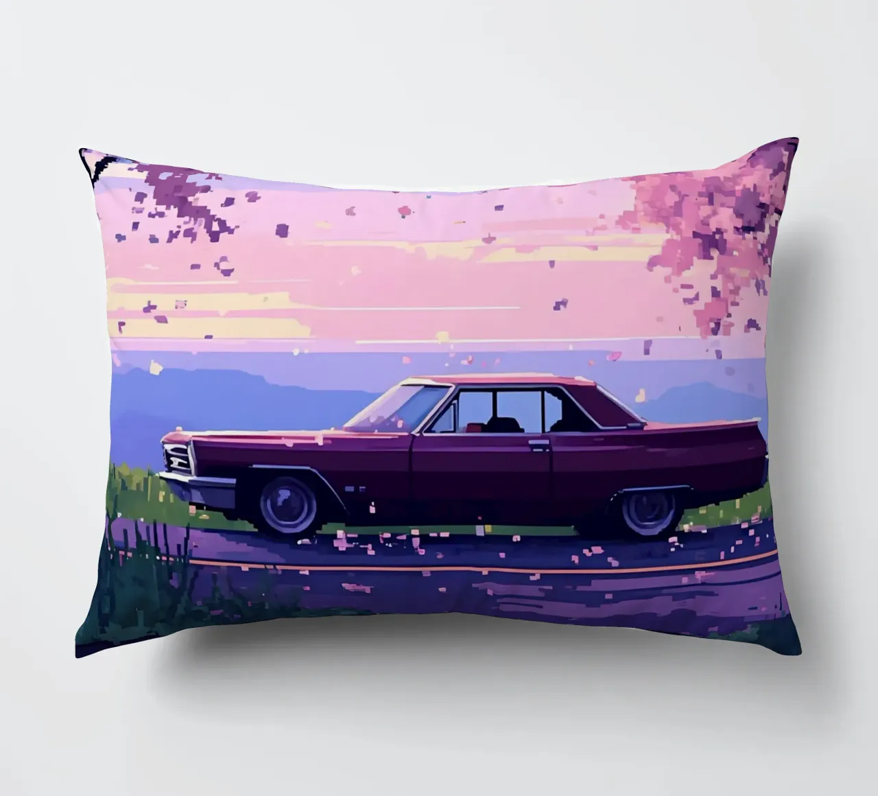 Un'auto retrò con fiori di ciliegio Lofi Art cuscino da LoFi Gallery