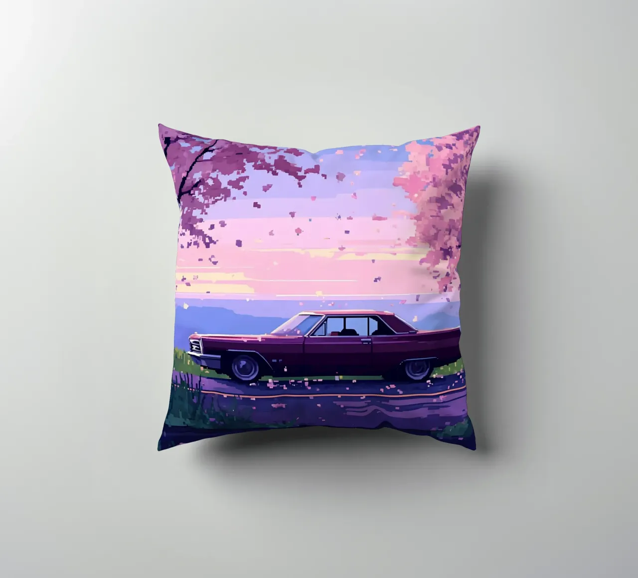 Un'auto retrò con fiori di ciliegio Lofi Art cuscino da LoFi Gallery