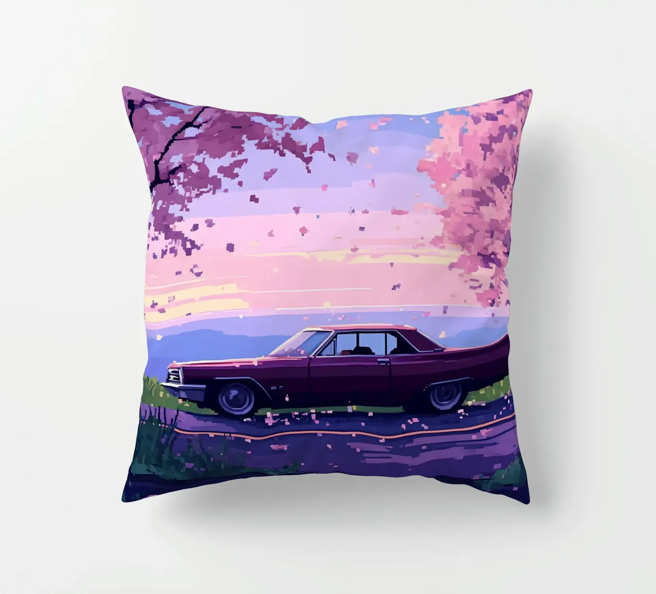 Un'auto retrò con fiori di ciliegio Lofi Art cuscino da LoFi Gallery
