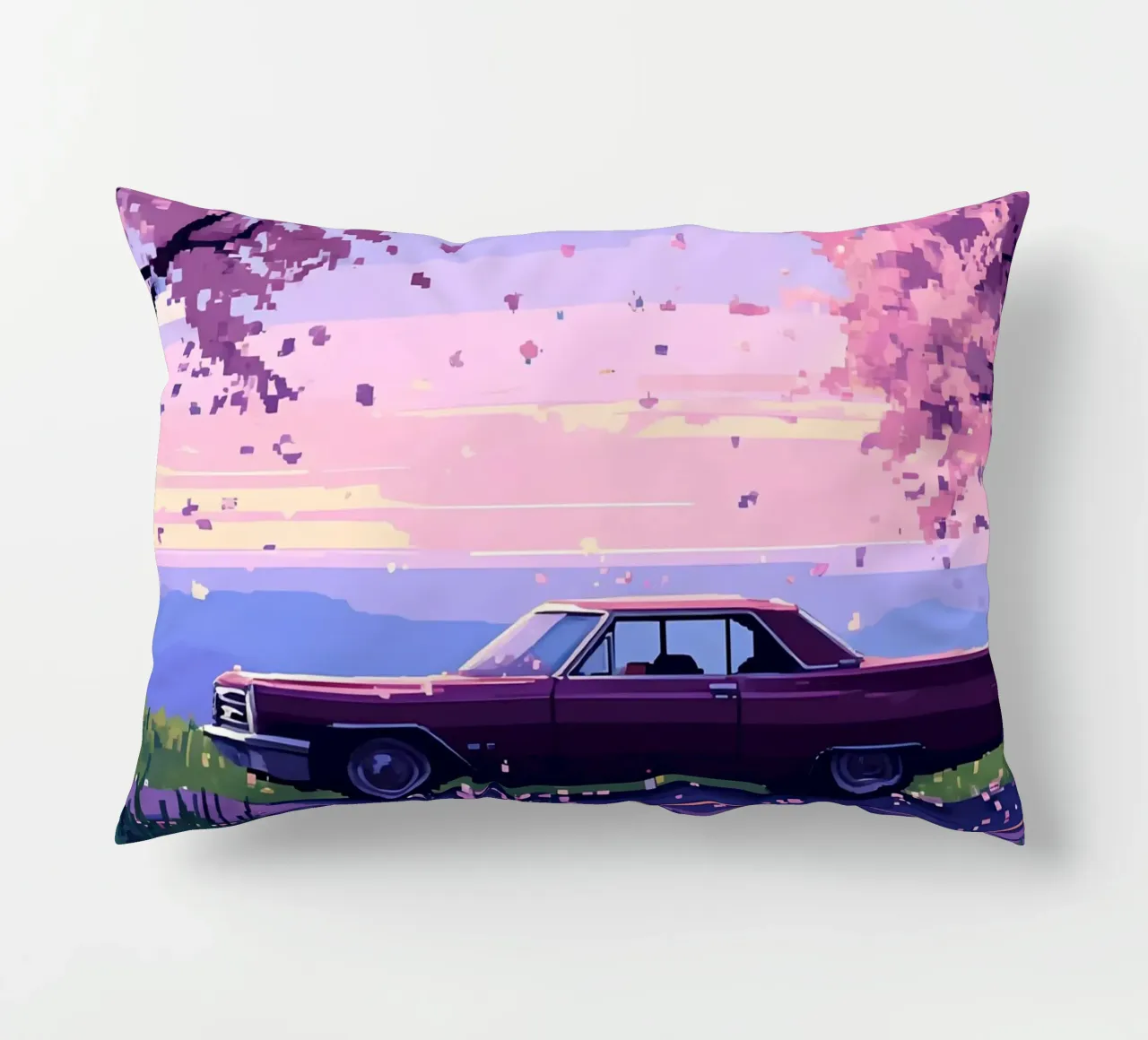 Un'auto retrò con fiori di ciliegio Lofi Art cuscino da LoFi Gallery