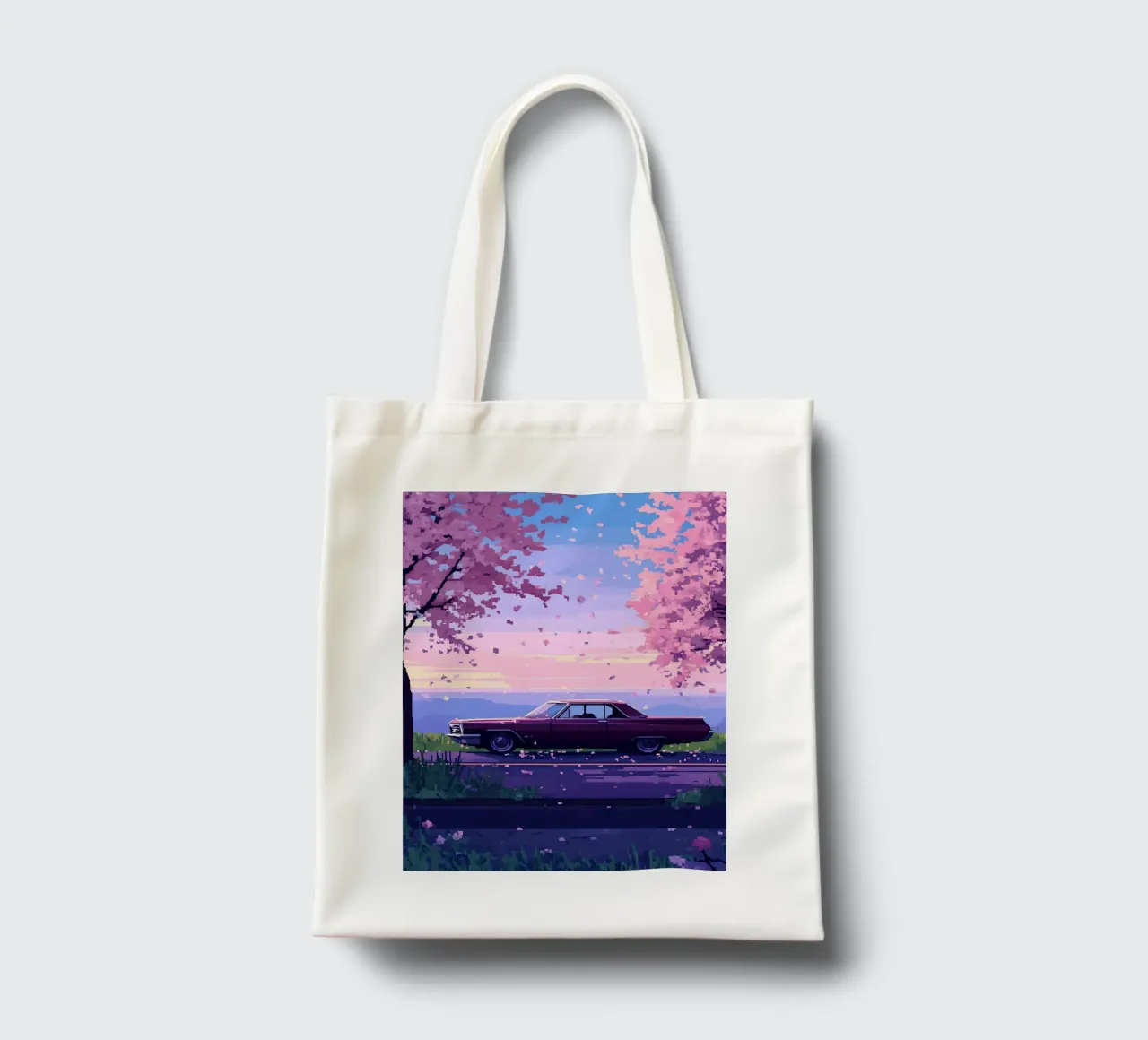 Un'auto retrò con fiori di ciliegio Lofi Art borsa in juta da LoFi Gallery