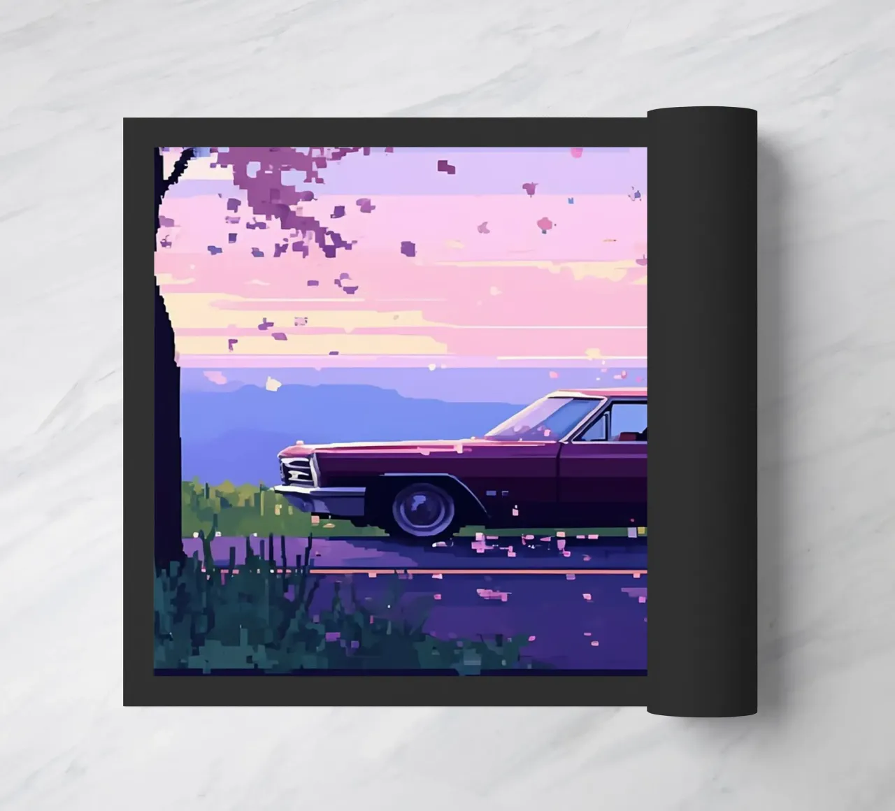 Un'auto retrò con fiori di ciliegio Lofi Art zerbino da LoFi Gallery