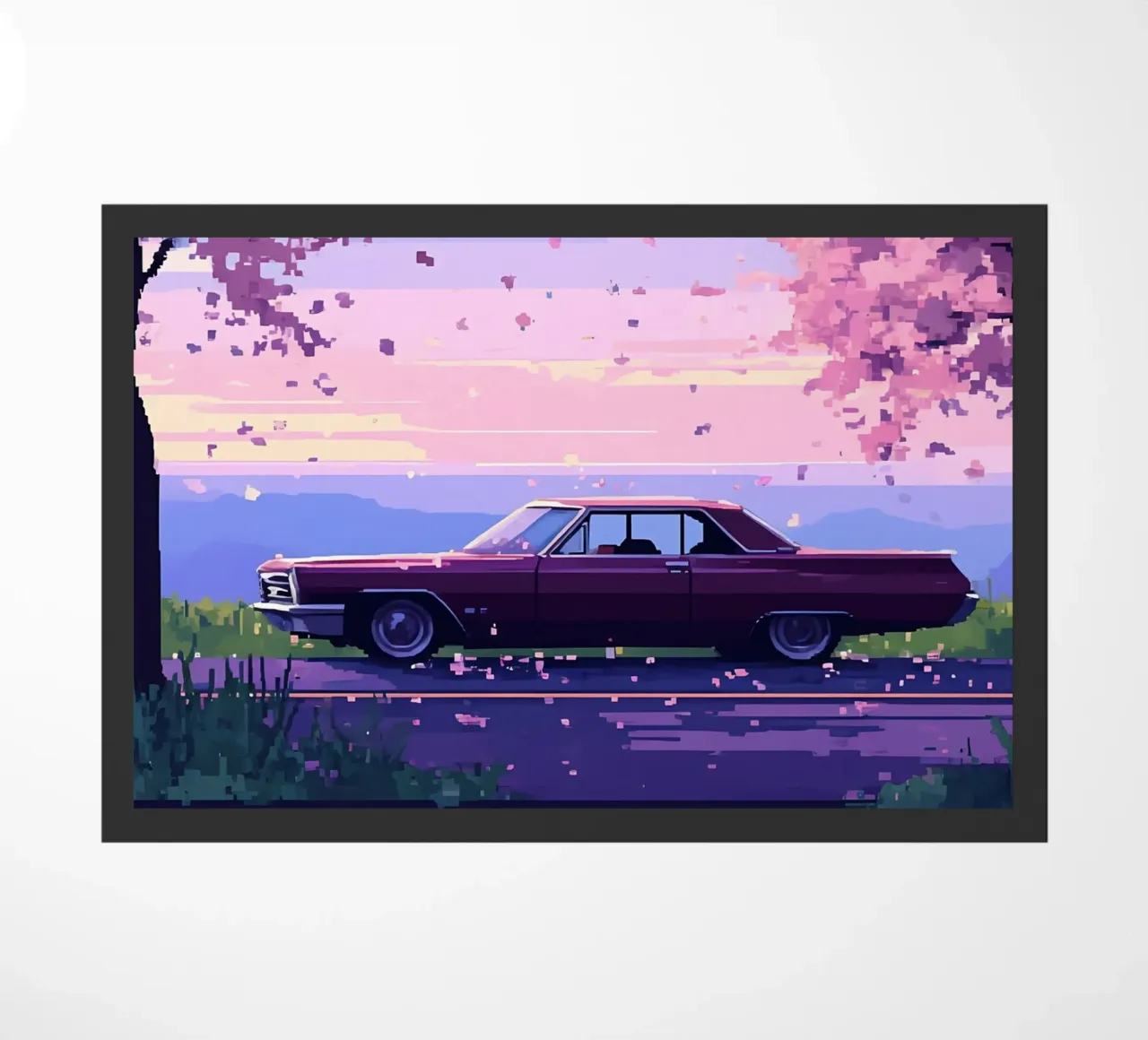Un'auto retrò con fiori di ciliegio Lofi Art zerbino da LoFi Gallery