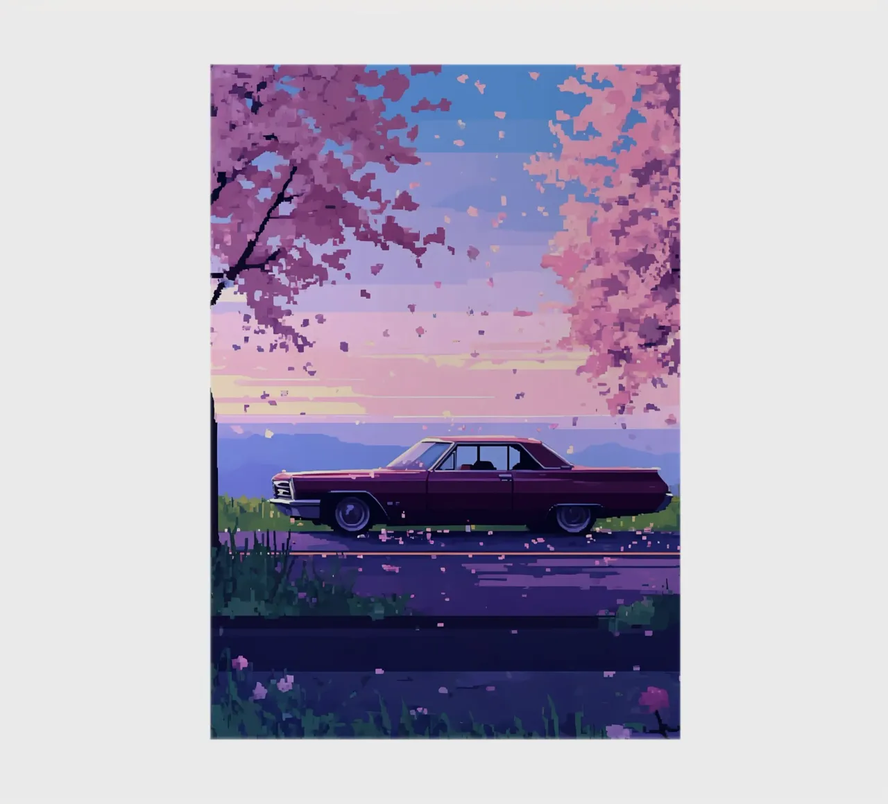 Un'auto retrò con fiori di ciliegio Lofi Art diario da LoFi Gallery