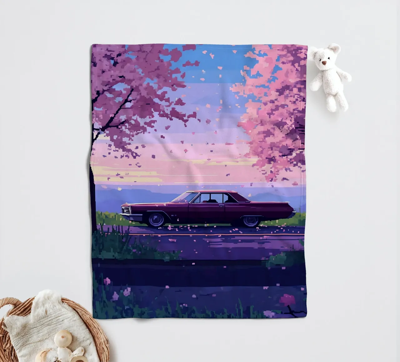 Un'auto retrò con fiori di ciliegio Lofi Art coperta in pile da LoFi Gallery