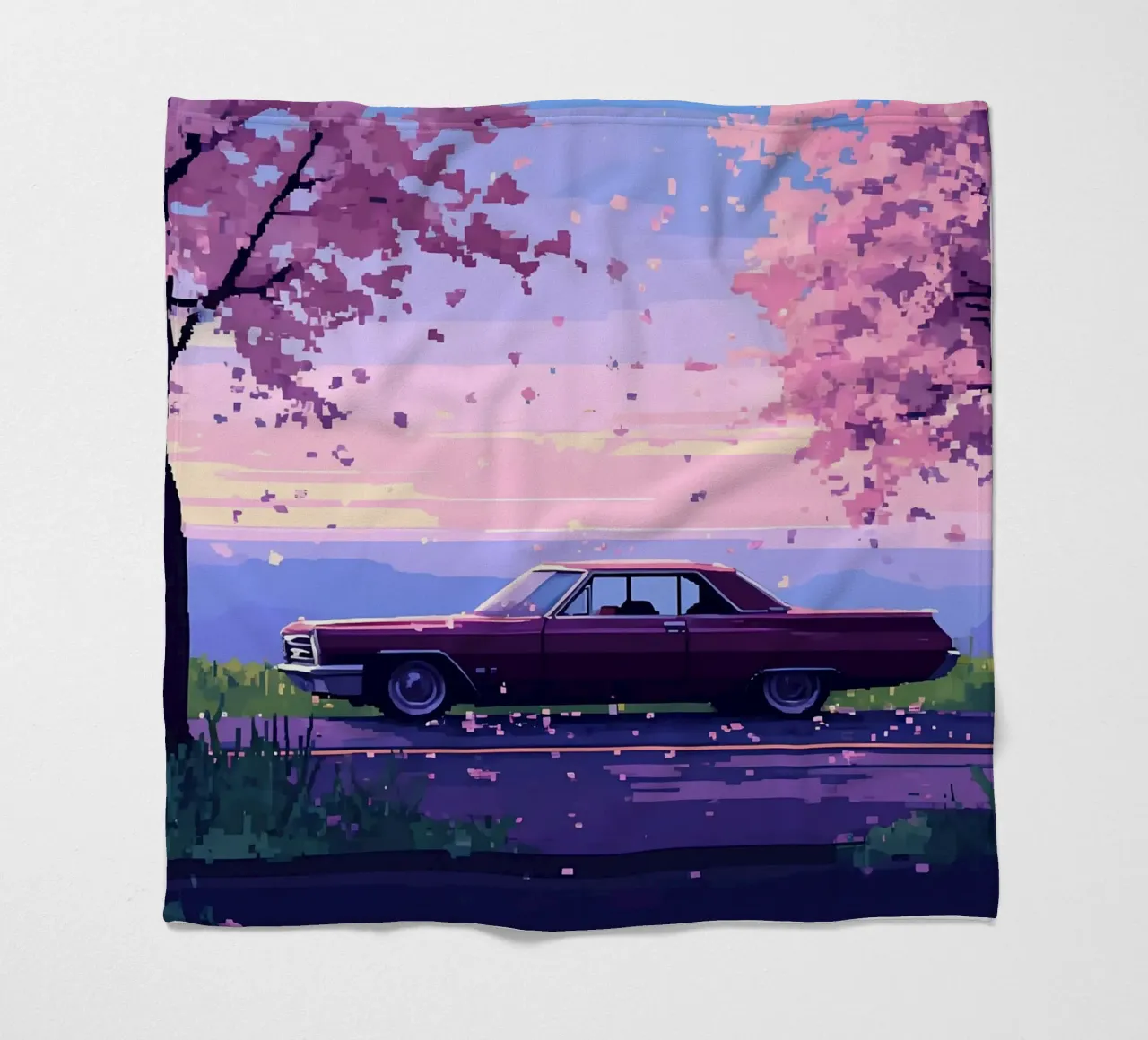 Un'auto retrò con fiori di ciliegio Lofi Art coperta in pile da LoFi Gallery