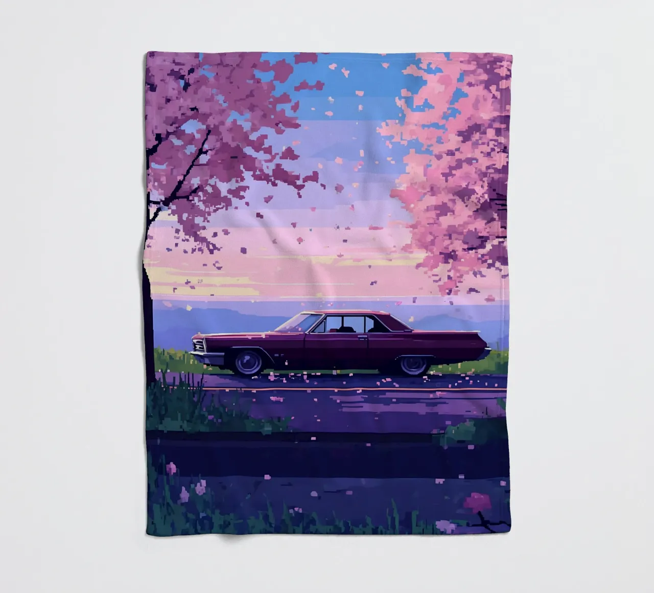 Un'auto retrò con fiori di ciliegio Lofi Art coperta in pile da LoFi Gallery