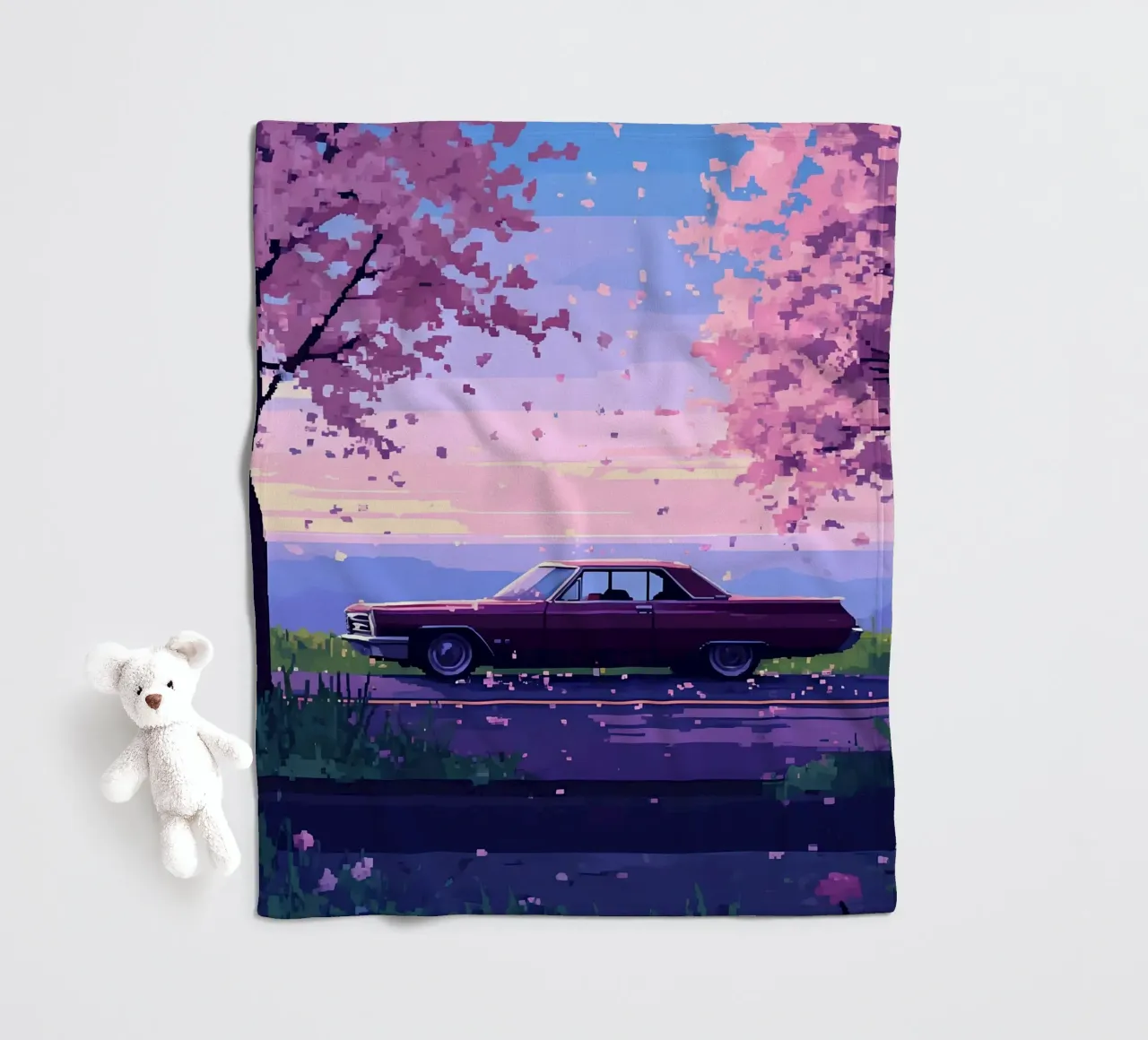 Un'auto retrò con fiori di ciliegio Lofi Art coperta in pile da LoFi Gallery