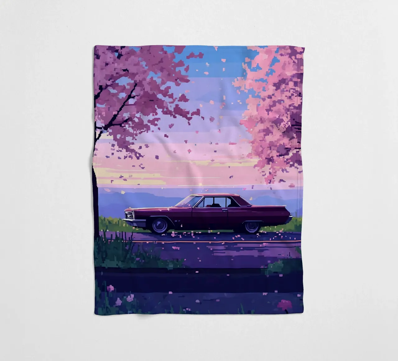 Un'auto retrò con fiori di ciliegio Lofi Art coperta in pile da LoFi Gallery