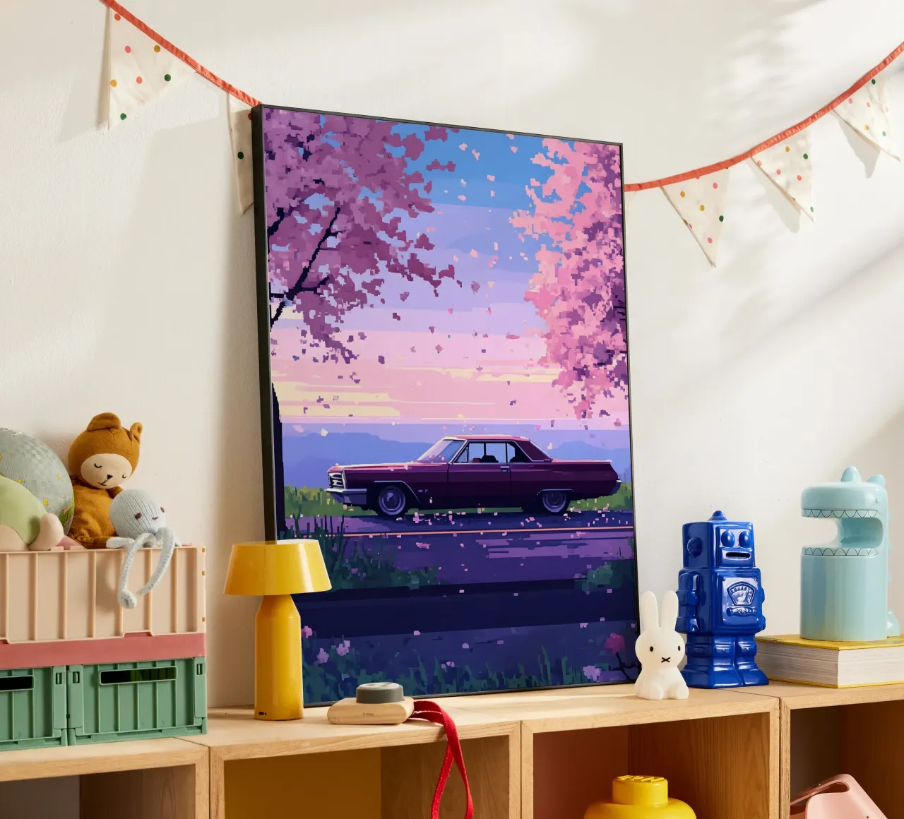 Un'auto retrò con fiori di ciliegio Lofi Art alluminio dibond da LoFi Gallery