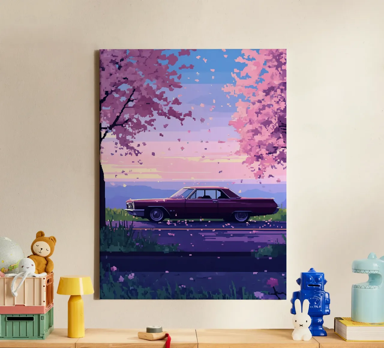 Un'auto retrò con fiori di ciliegio Lofi Art tela da LoFi Gallery