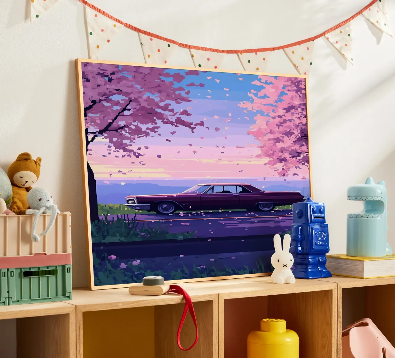 Un'auto retrò con fiori di ciliegio Lofi Art poster con telaio in alluminio da LoFi Gallery