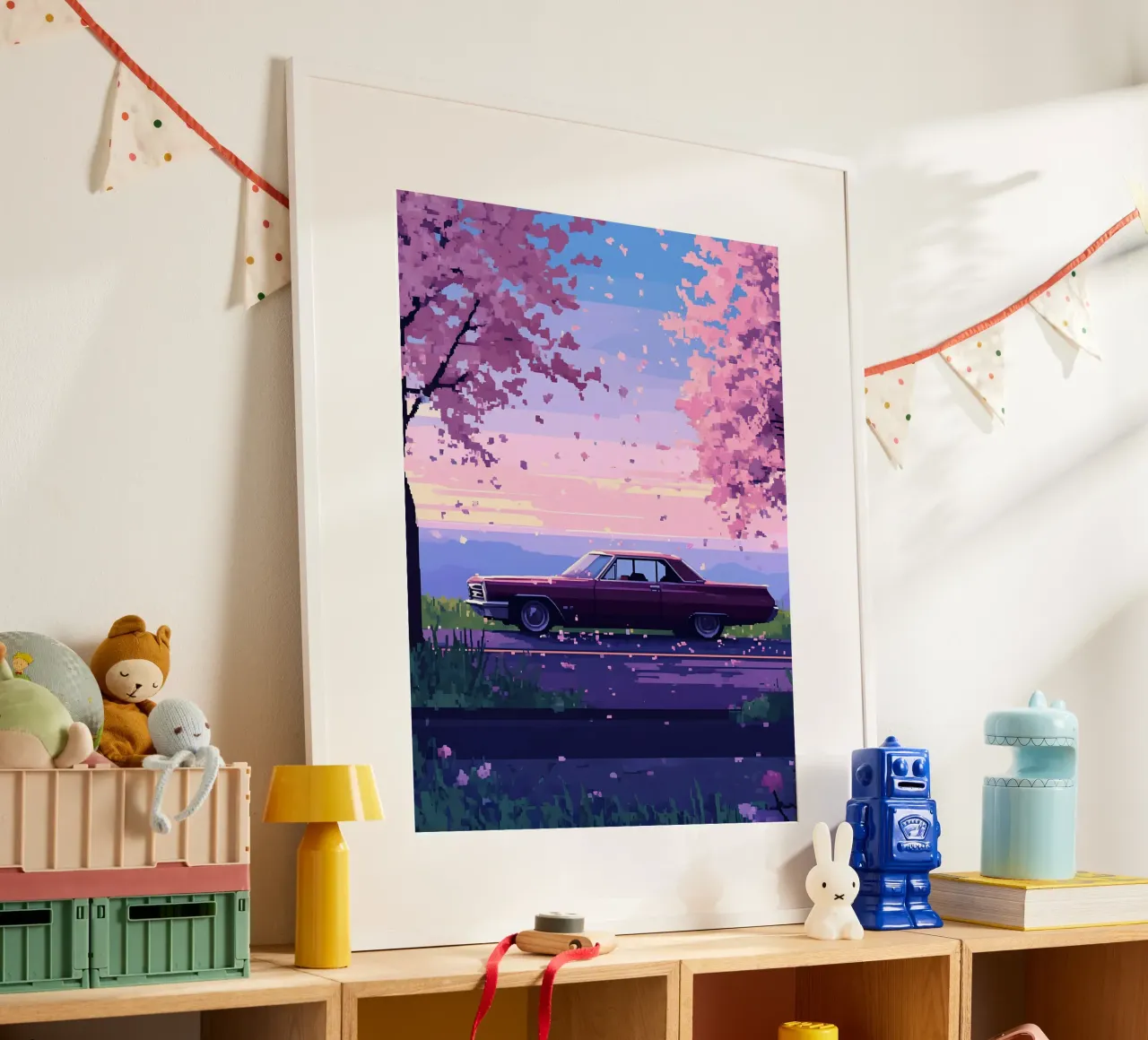 Un'auto retrò con fiori di ciliegio Lofi Art poster con telaio in alluminio da LoFi Gallery