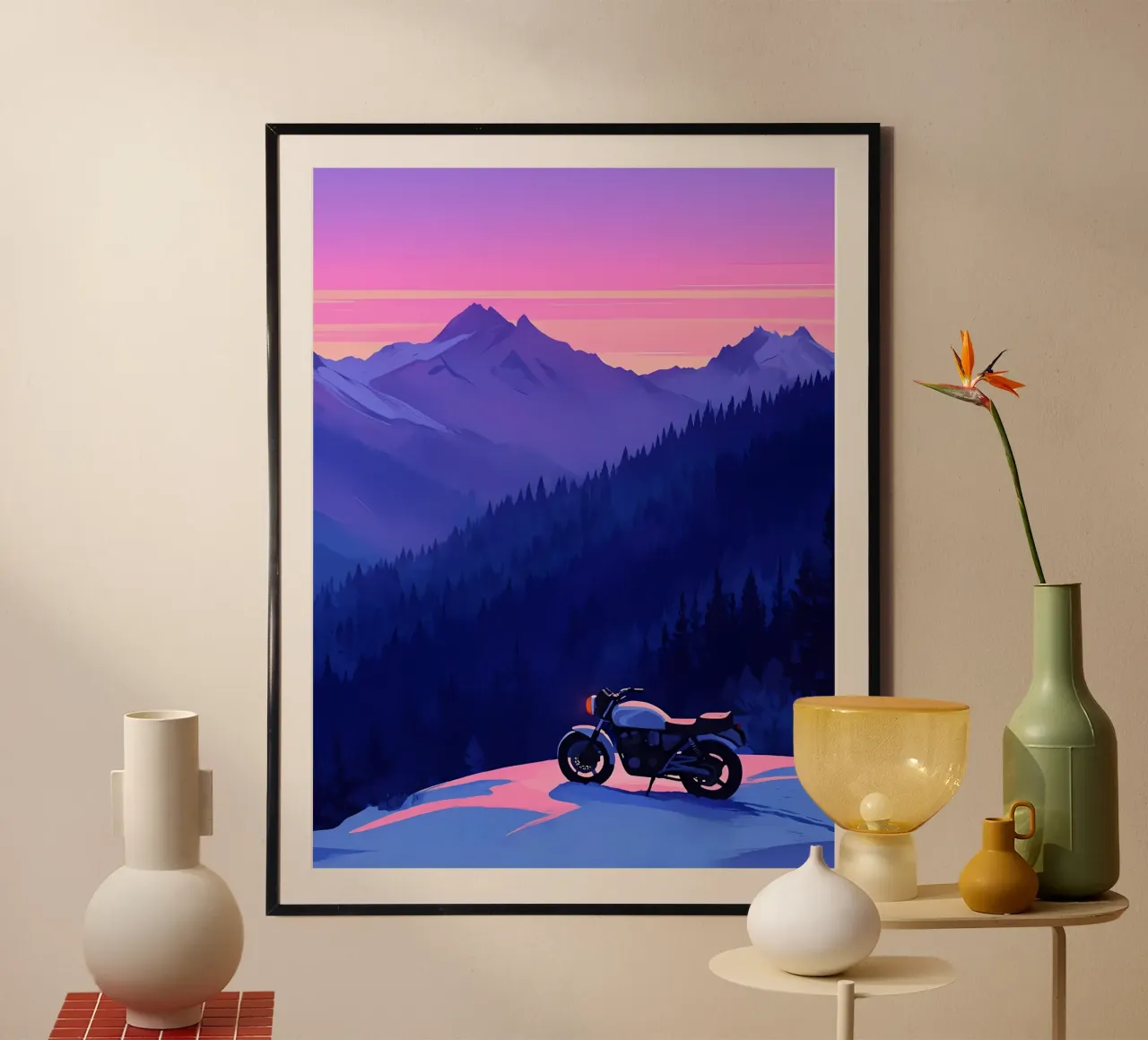 Una moto en la montaña nevada Lofi Art poster con marco de plástico de LoFi Gallery