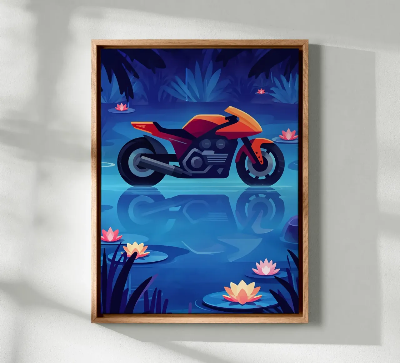 Een moderne motorfiets in dromerig bloemenvijver Lofi Art canvas met Baklijst van LoFi Gallery