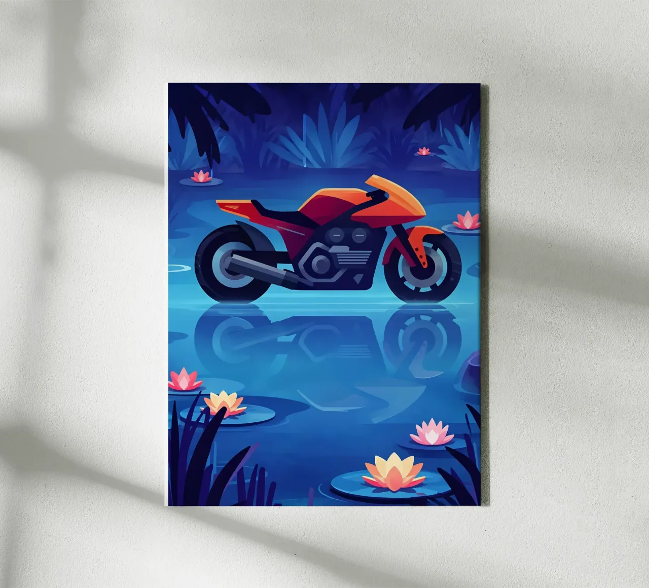 Een moderne motorfiets in dromerig bloemenvijver Lofi Art canvas met Baklijst van LoFi Gallery