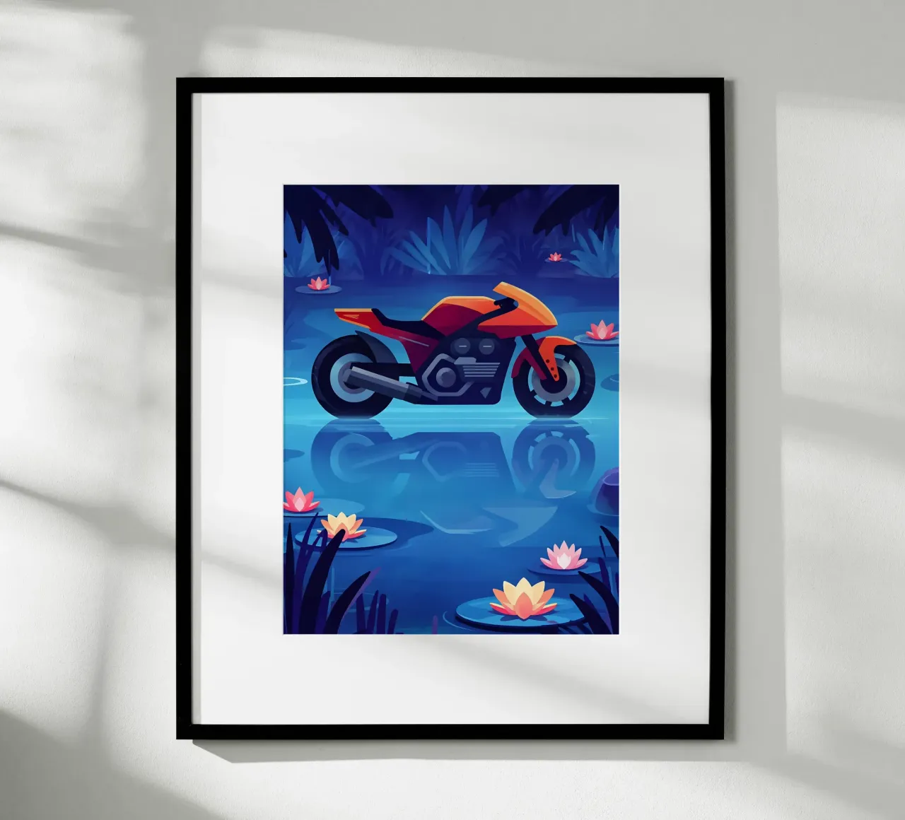 Una moto moderna in un sognante laghetto floreale Lofi Art poster con telaio in alluminio da LoFi Gallery