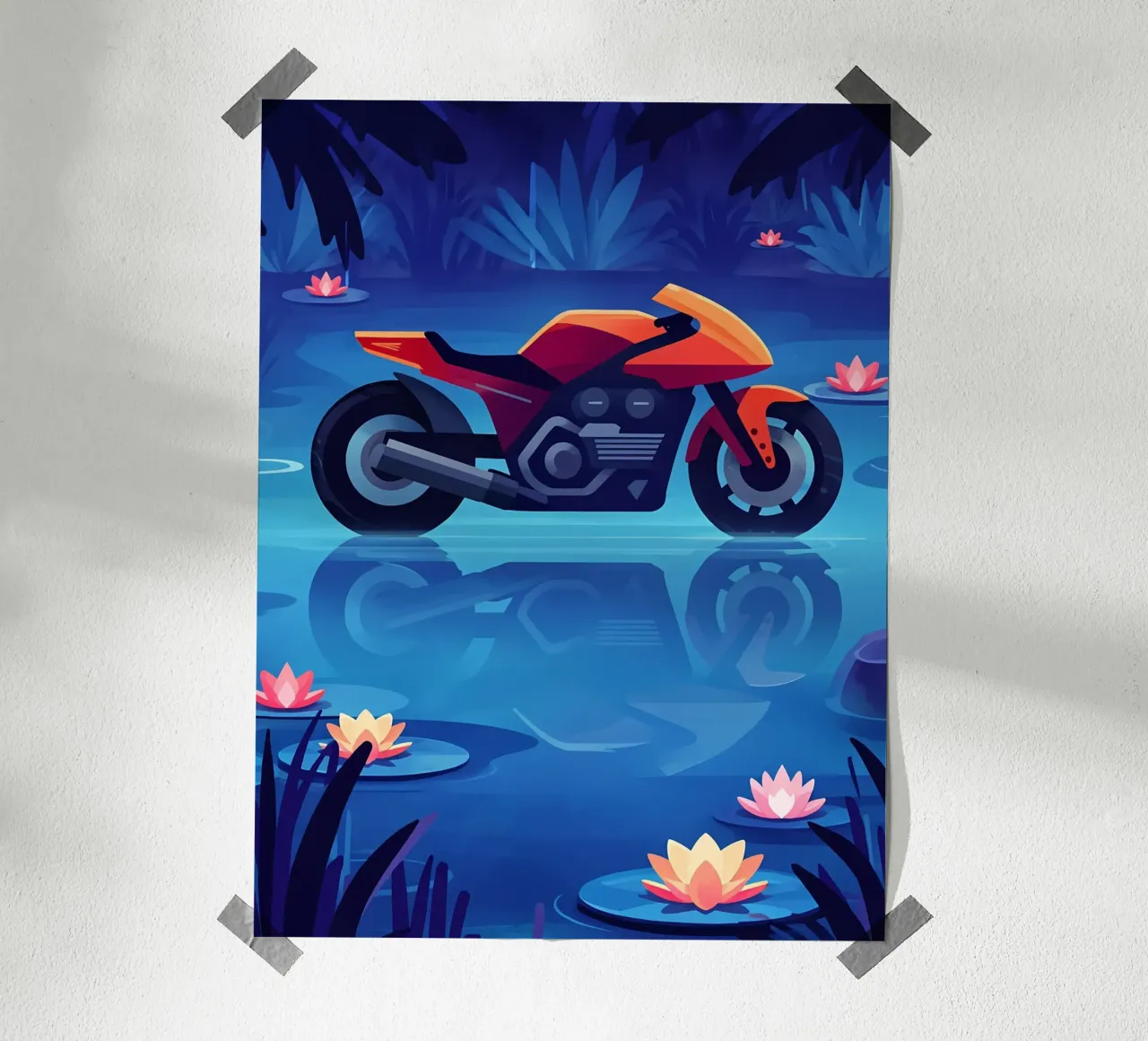 Una moto moderna in un sognante laghetto floreale Lofi Art poster con telaio in alluminio da LoFi Gallery