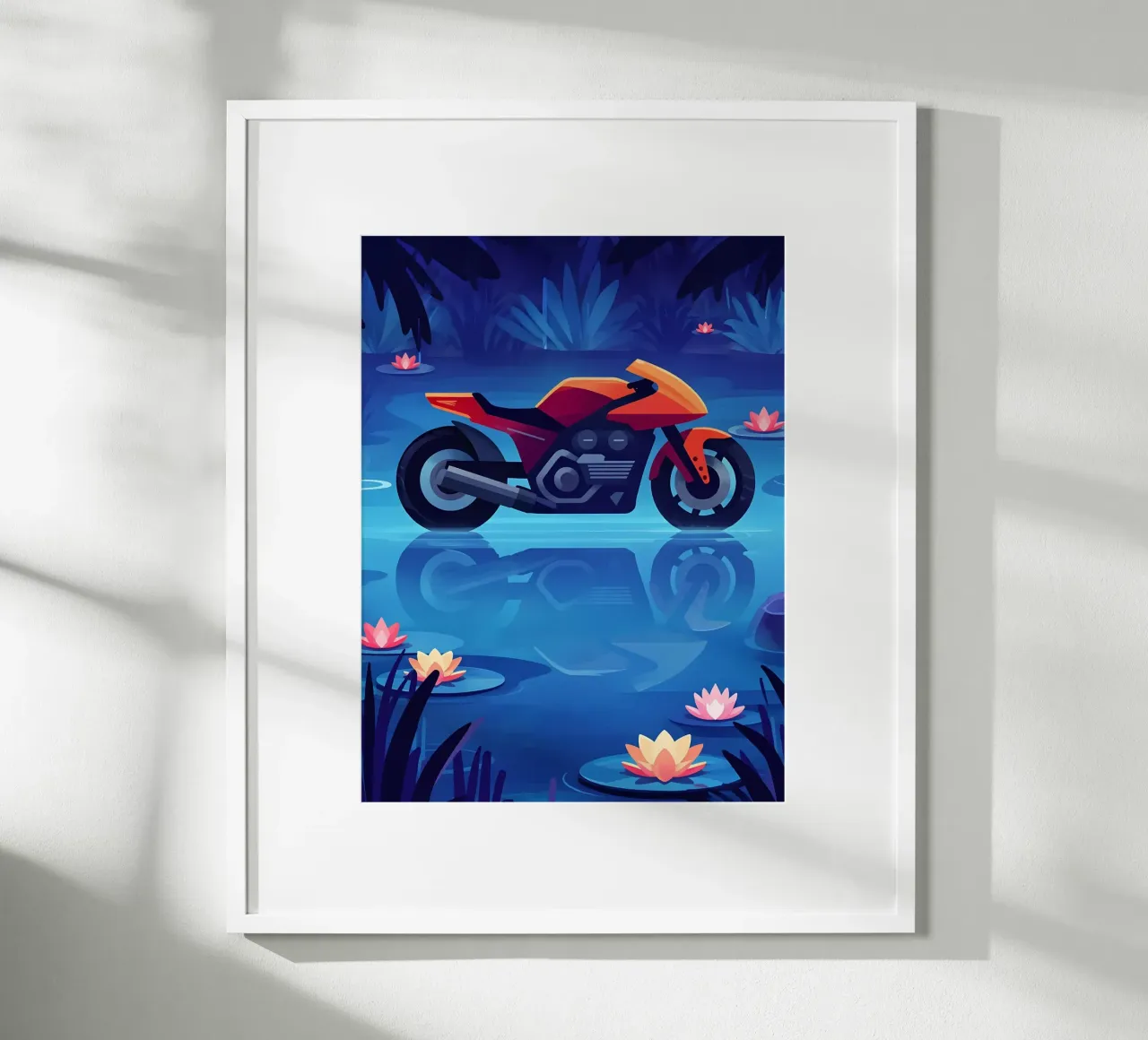 Una moto moderna in un sognante laghetto floreale Lofi Art poster con telaio in alluminio da LoFi Gallery