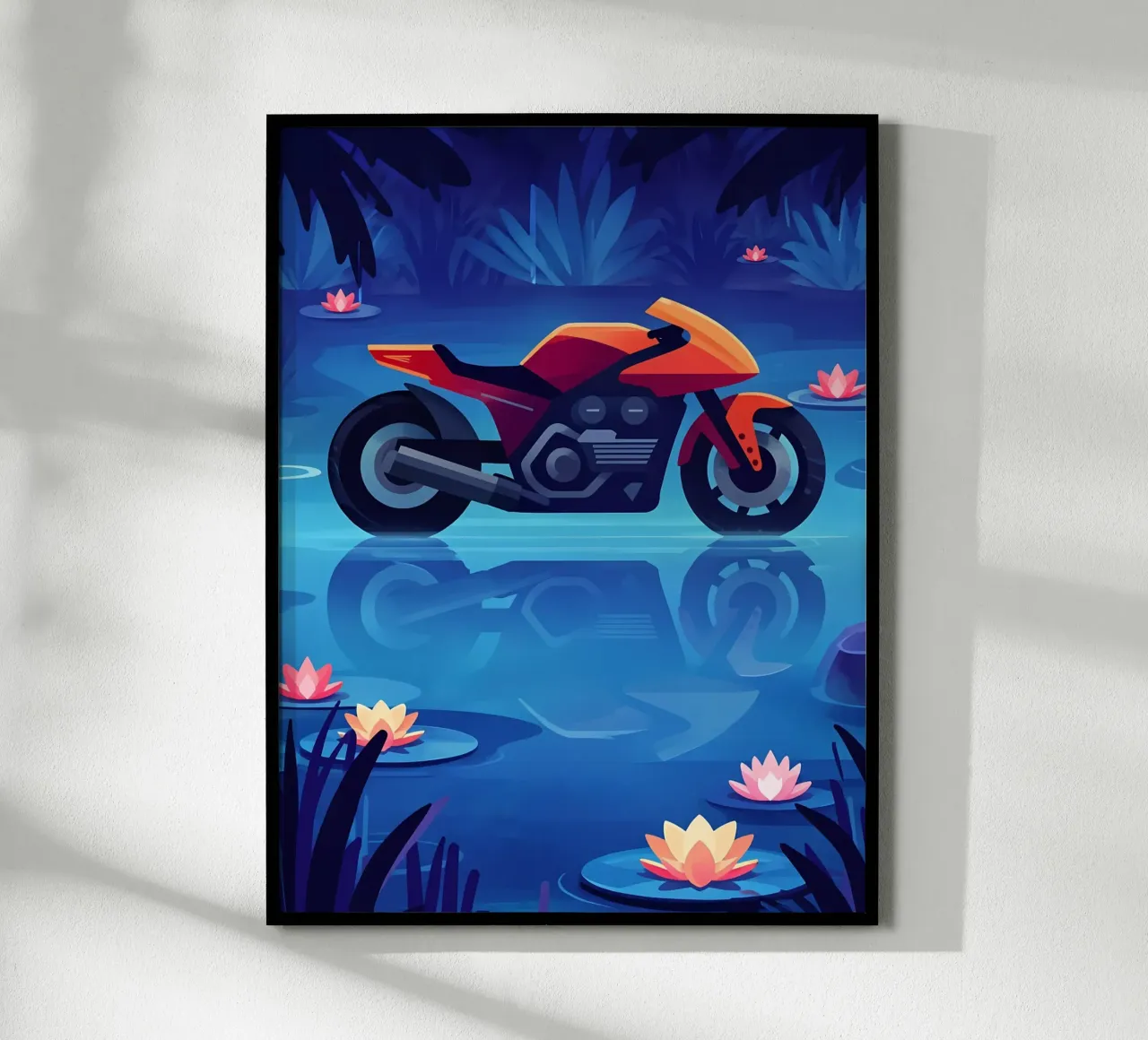 Una moto moderna in un sognante laghetto floreale Lofi Art poster con telaio in alluminio da LoFi Gallery