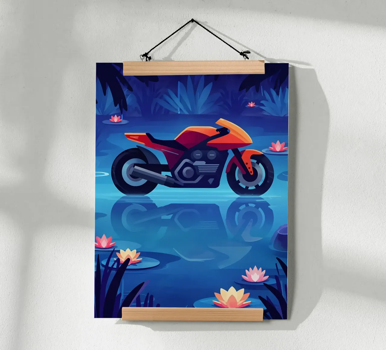 Una moto moderna in un sognante laghetto floreale Lofi Art poster con telaio in alluminio da LoFi Gallery