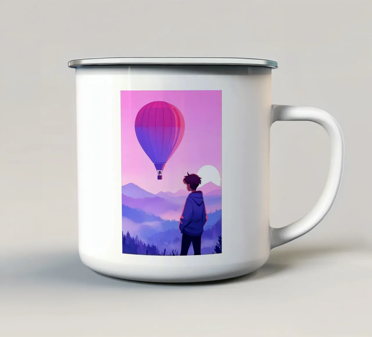 Un ragazzo che guarda la mongolfiera Lofi Art tazza in smalto da LoFi Gallery