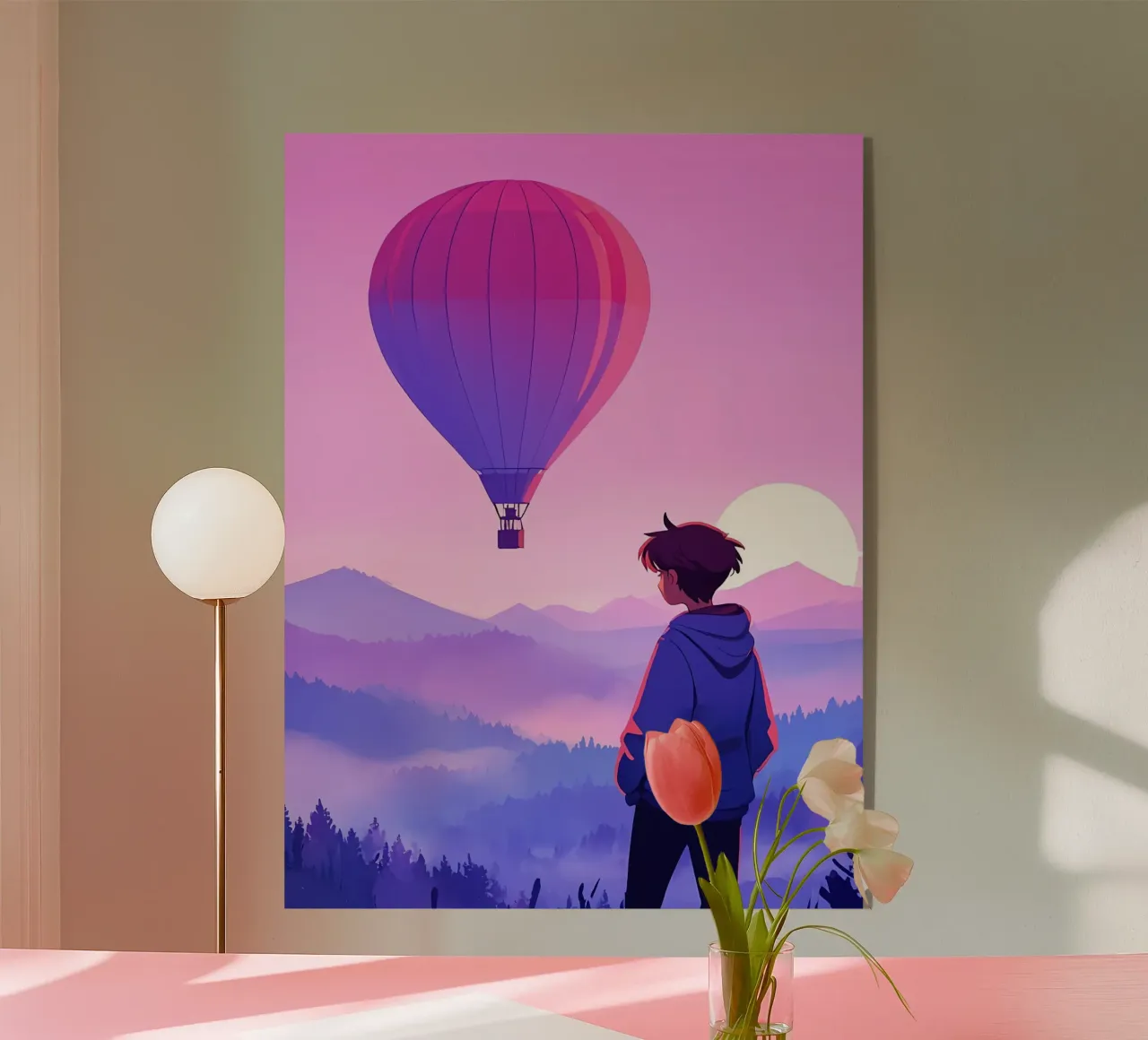 Un ragazzo che guarda la mongolfiera Lofi Art plexiglass da LoFi Gallery