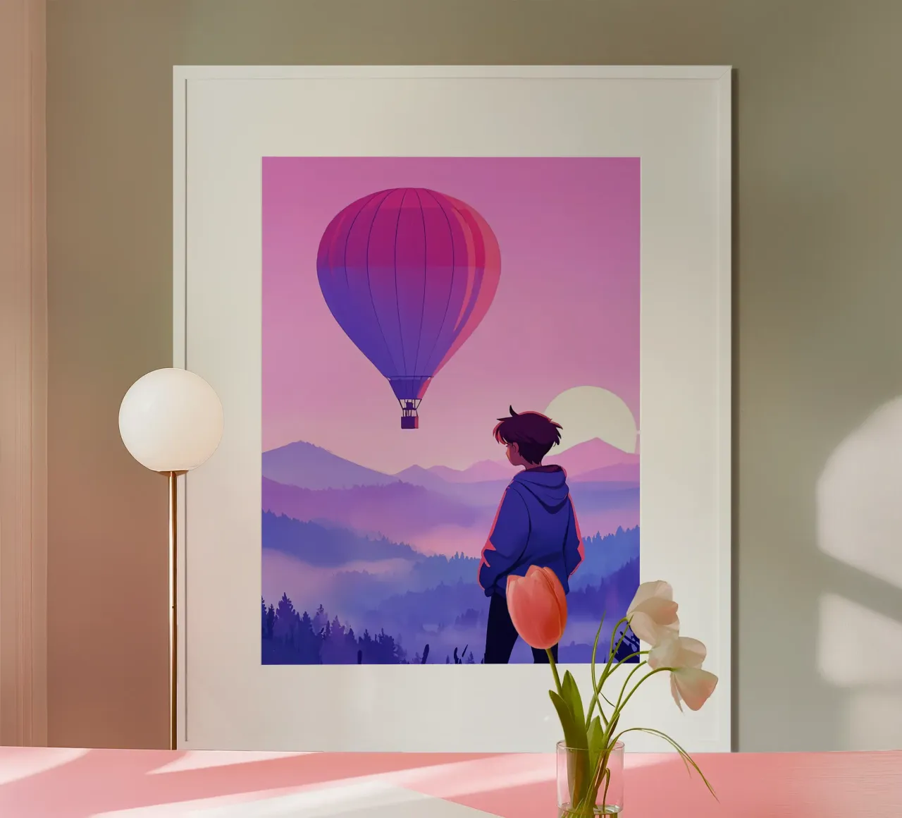 Un ragazzo che guarda la mongolfiera Lofi Art poster con telaio in legno da LoFi Gallery