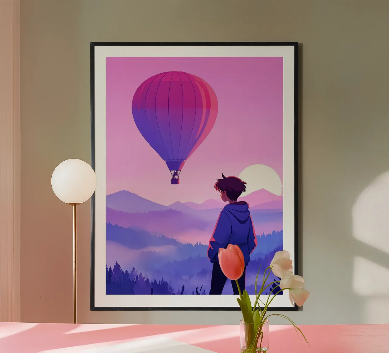 Un ragazzo che guarda la mongolfiera Lofi Art poster con telaio in legno da LoFi Gallery