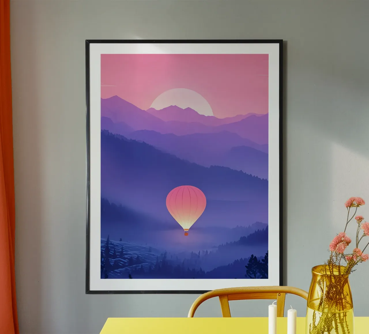 Una mongolfiera che fluttua tra le montagne Lofi Art poster con telaio in alluminio da LoFi Gallery