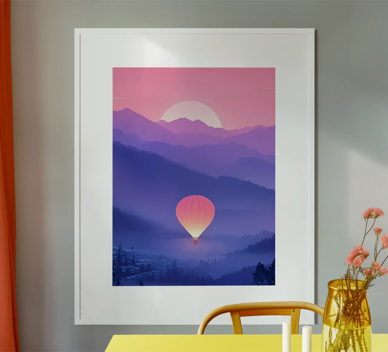 Una mongolfiera che fluttua tra le montagne Lofi Art poster con telaio in alluminio da LoFi Gallery