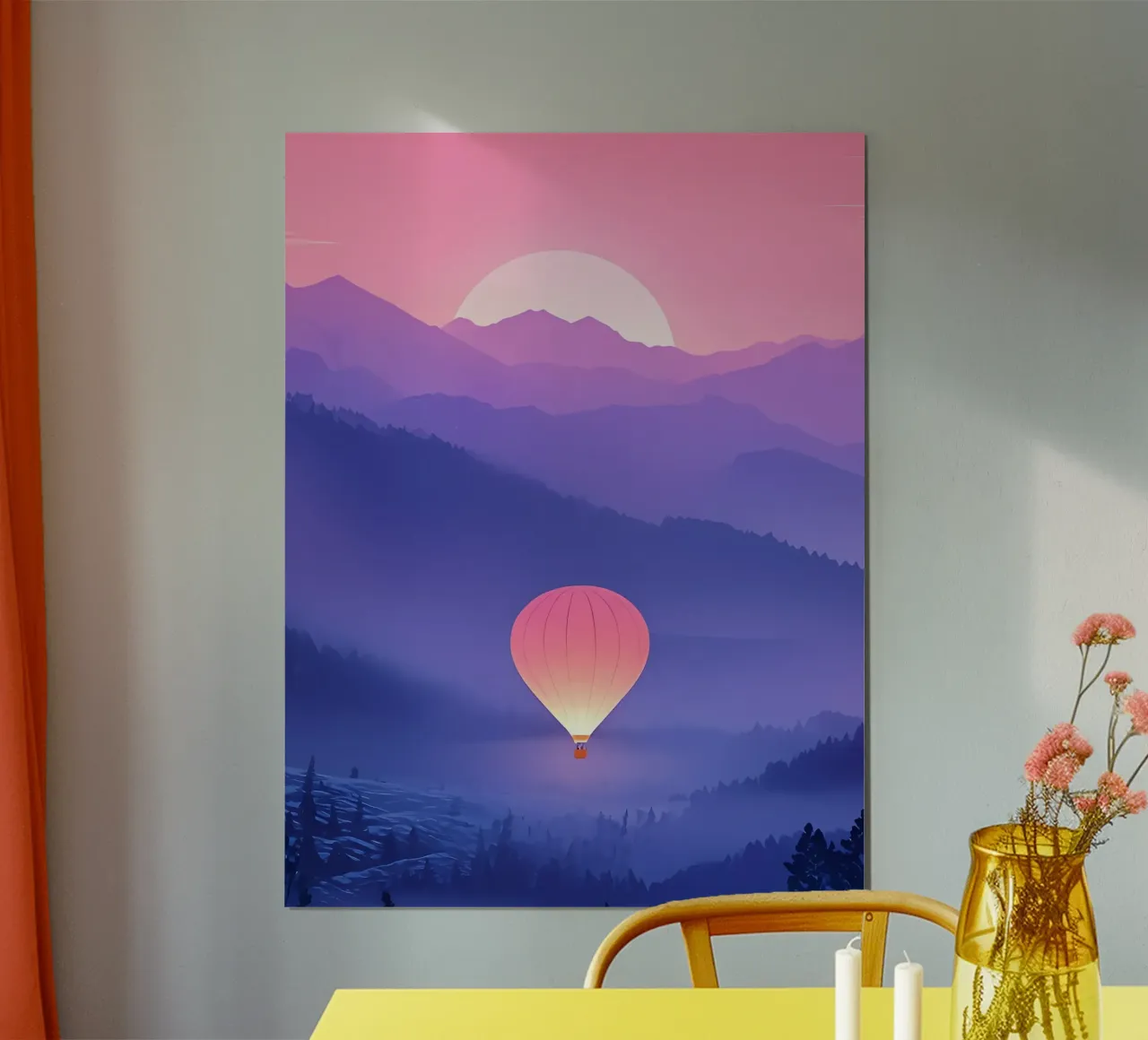 Una mongolfiera che fluttua tra le montagne Lofi Art poster con telaio in alluminio da LoFi Gallery