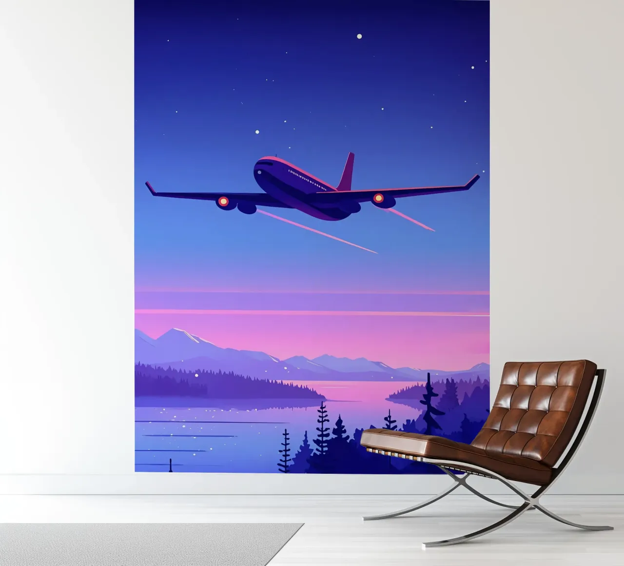 An Airplane Flying Above The River Forest Lofi Art photo wallpaper by LoFi Gallery