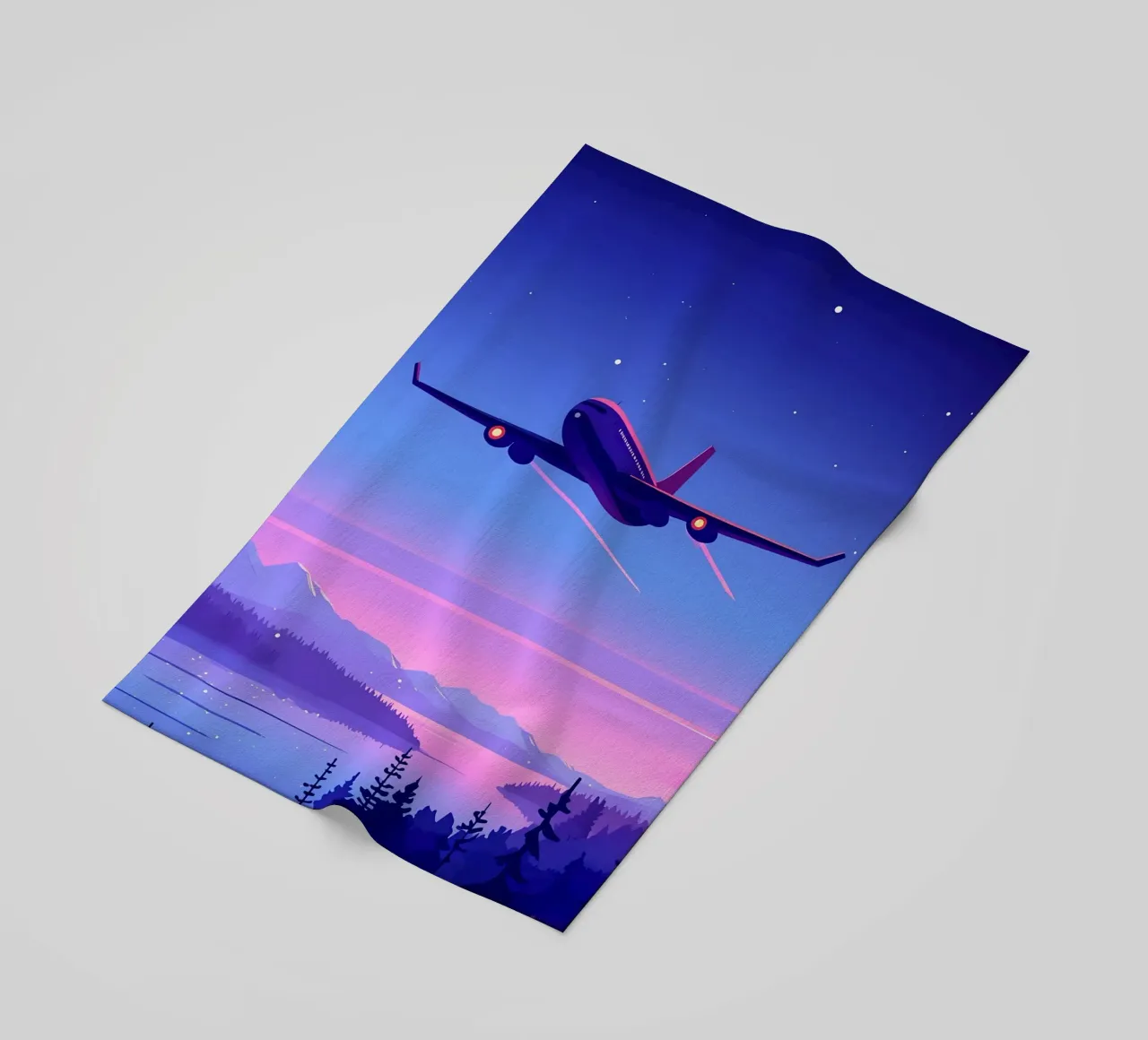Un aereo che vola sopra la foresta fluviale Lofi Art telo mare da LoFi Gallery