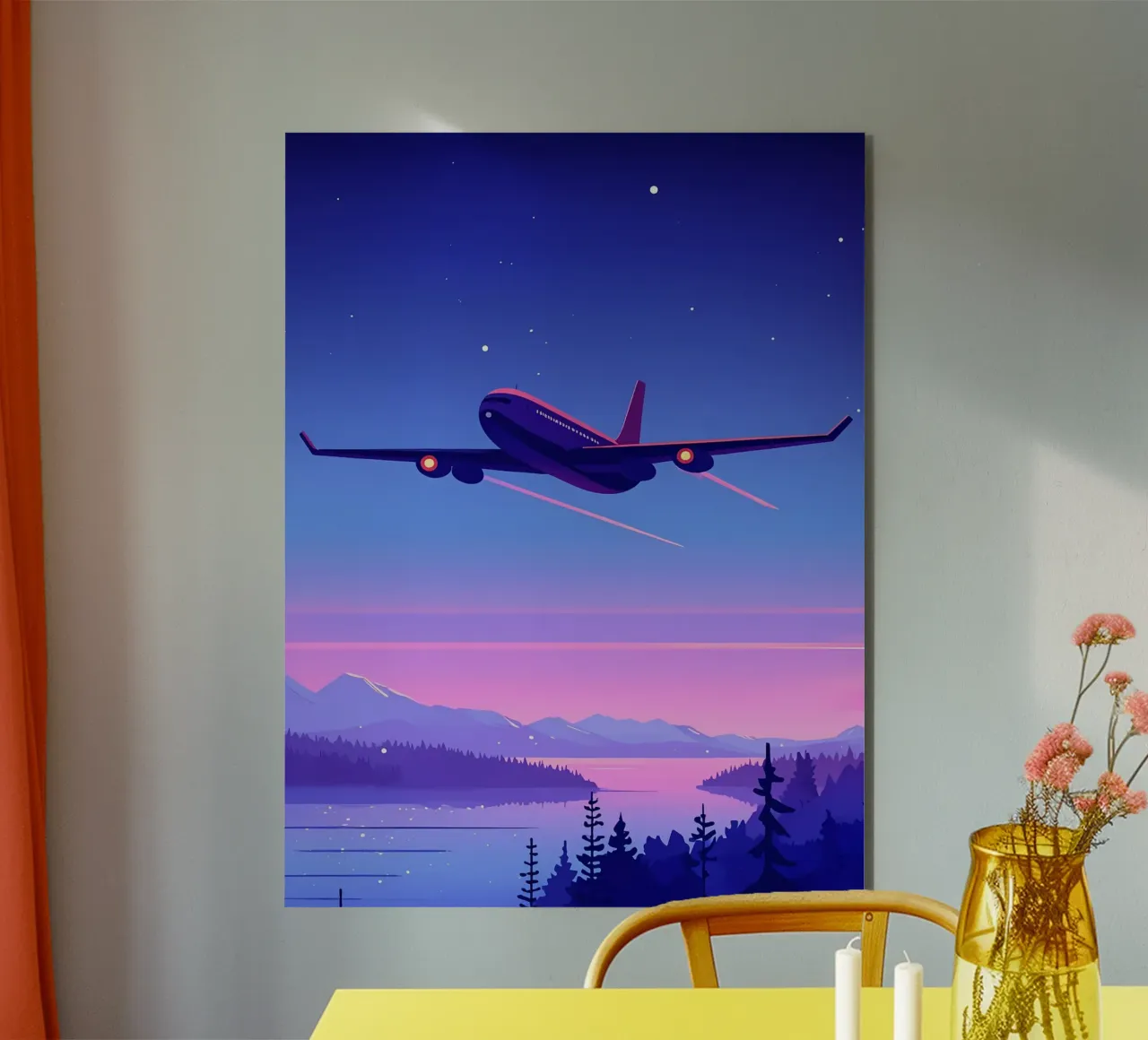 Un aereo che vola sopra la foresta fluviale Lofi Art alluminio dibond da LoFi Gallery